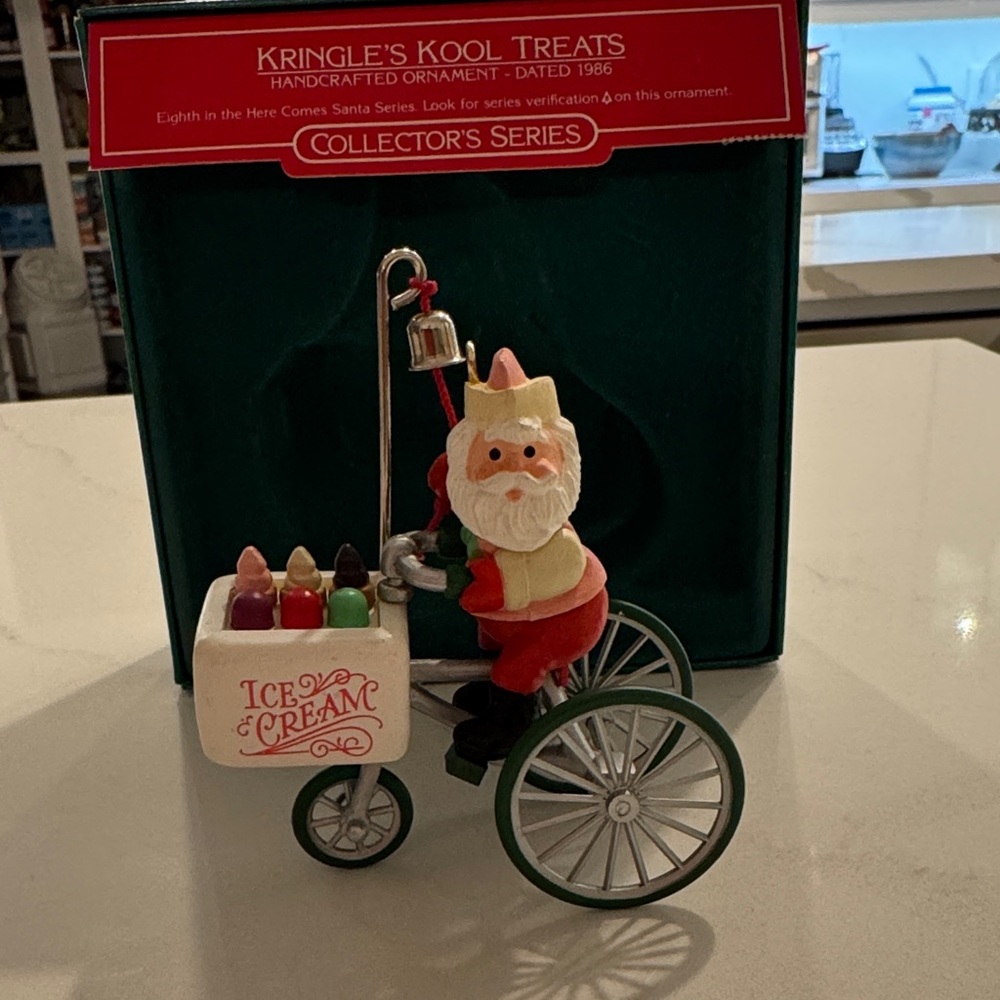 Hallmark Keepsake ornament from 1986, Santa on Tricycle Ice Cream Ornament
